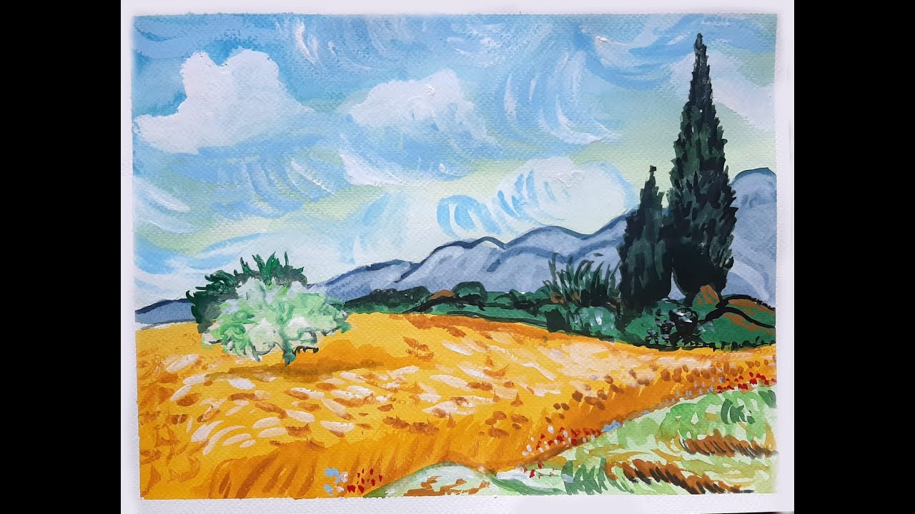 campo de trigo con cipreses